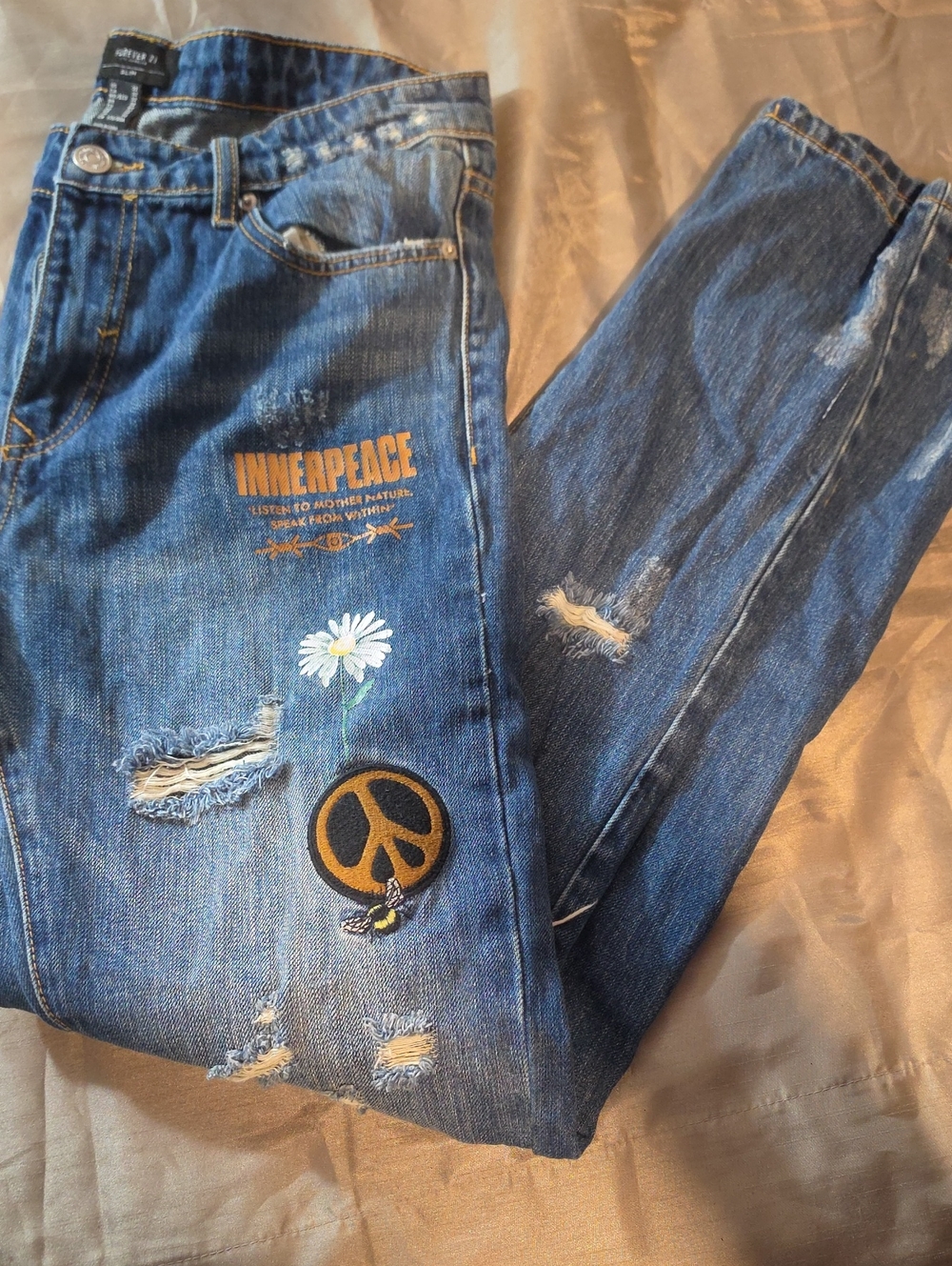Slim Fit Blue Women's Jeans with Floral & Peace Patch